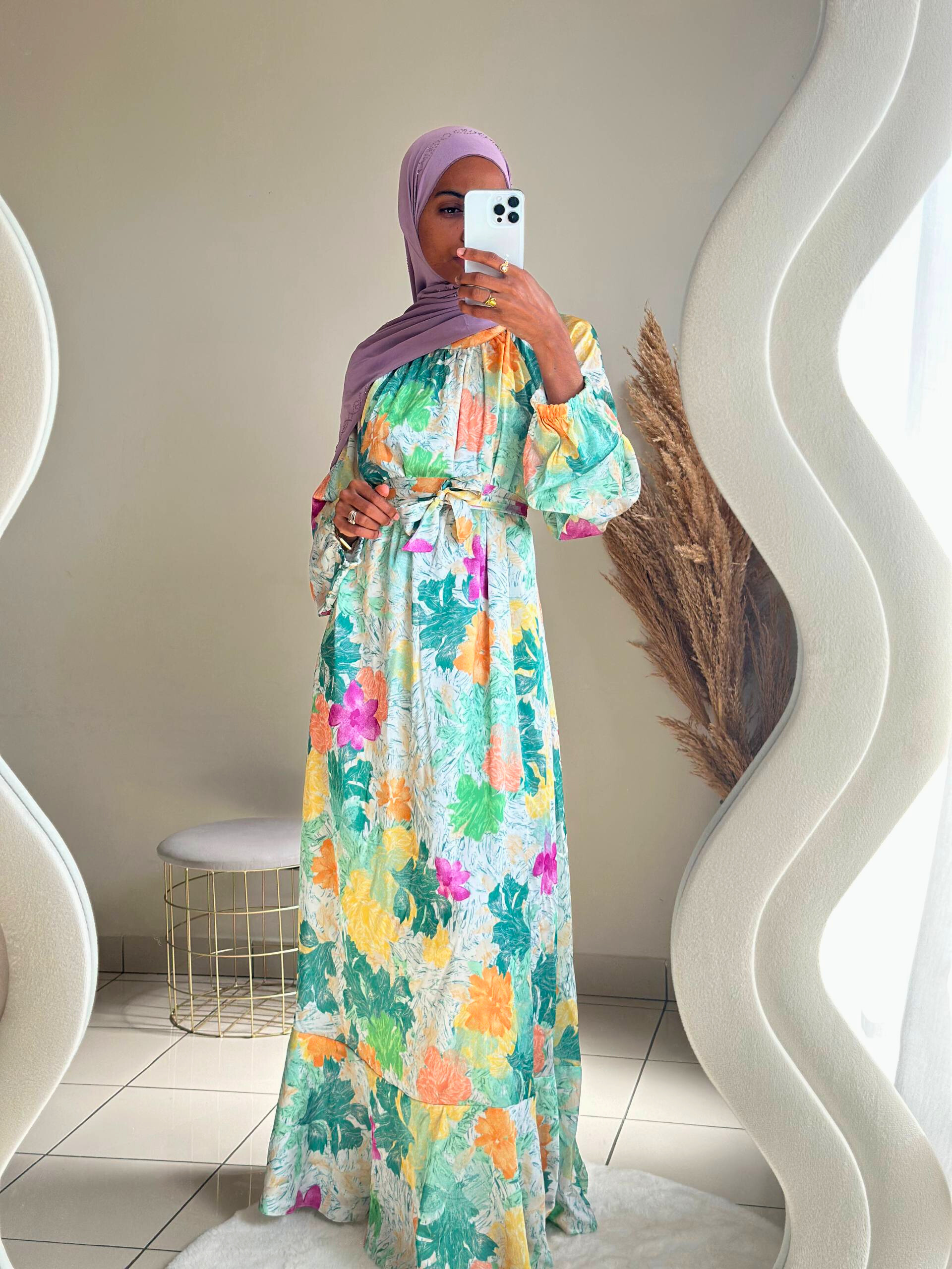 Robe Longue Satin Fleurie verte Robe Longue Satin Fleurie verte – Image 2